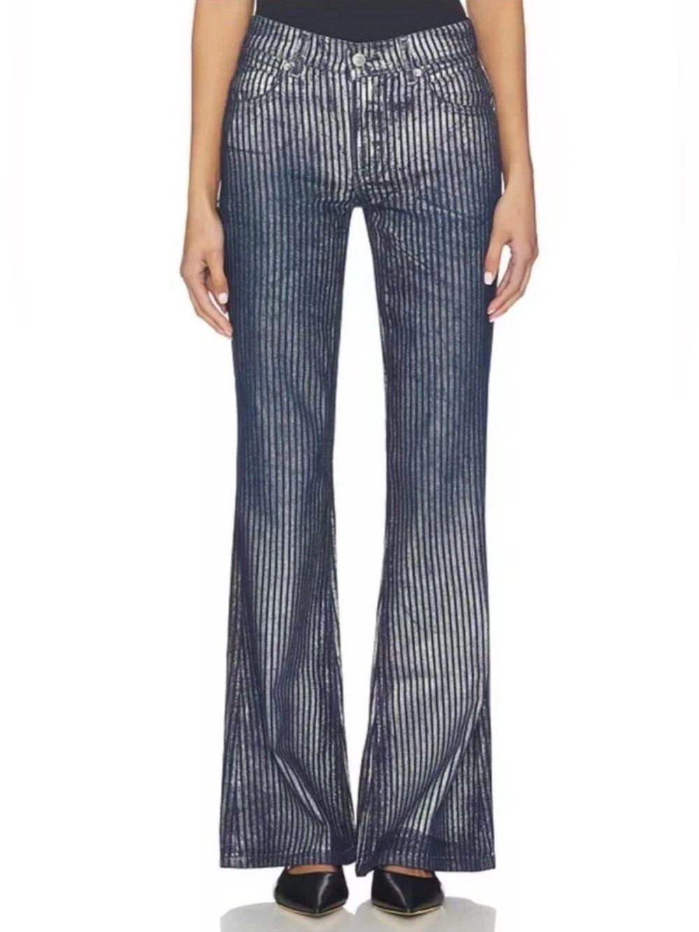 Free People West Coast Relaxed Flare Metallic Jeans in Country Bluei Sz 26 NWT